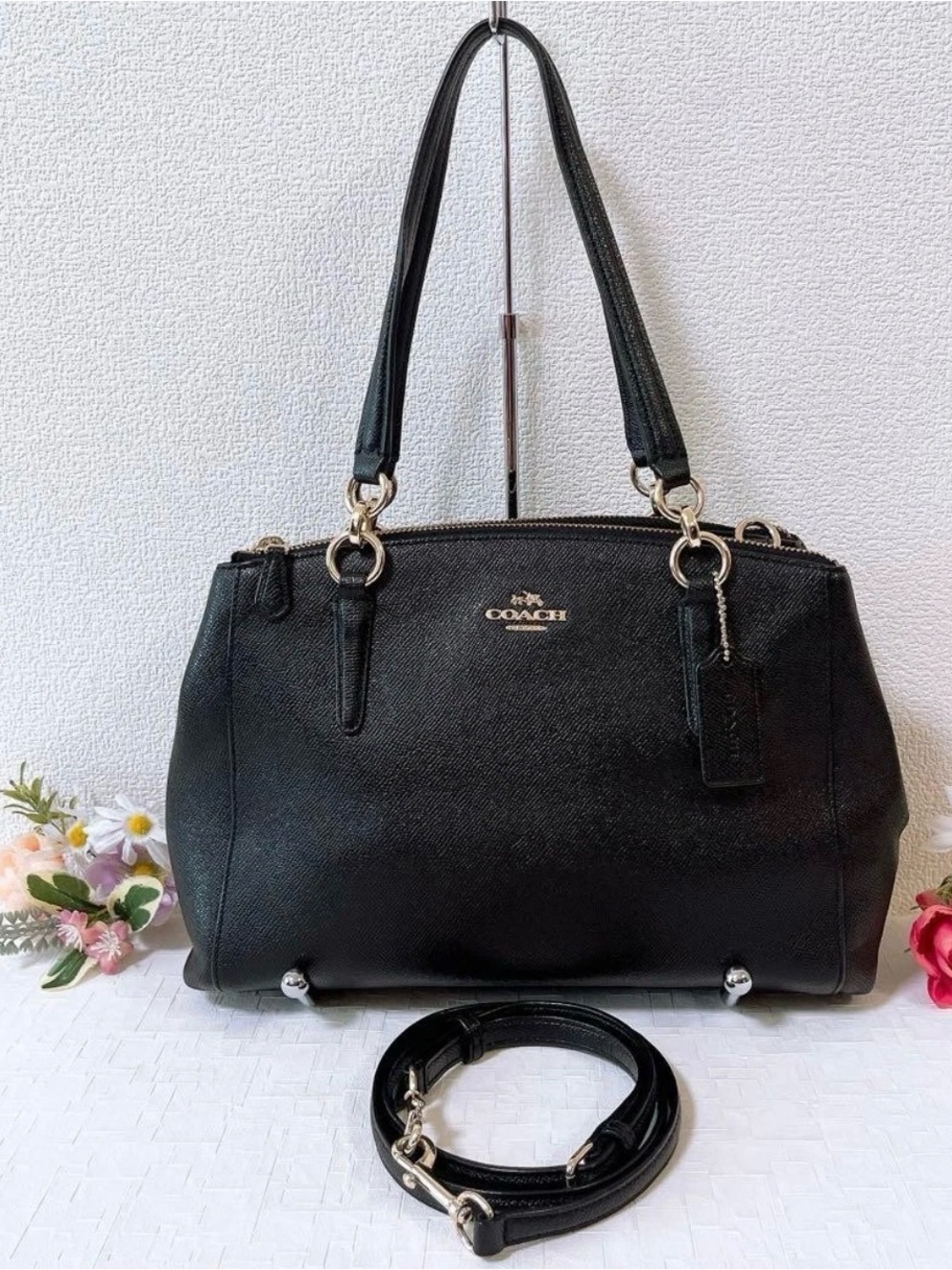 Coach Black Leather F57520 2-way shoulder bag with Detachable Strap w/dust bag